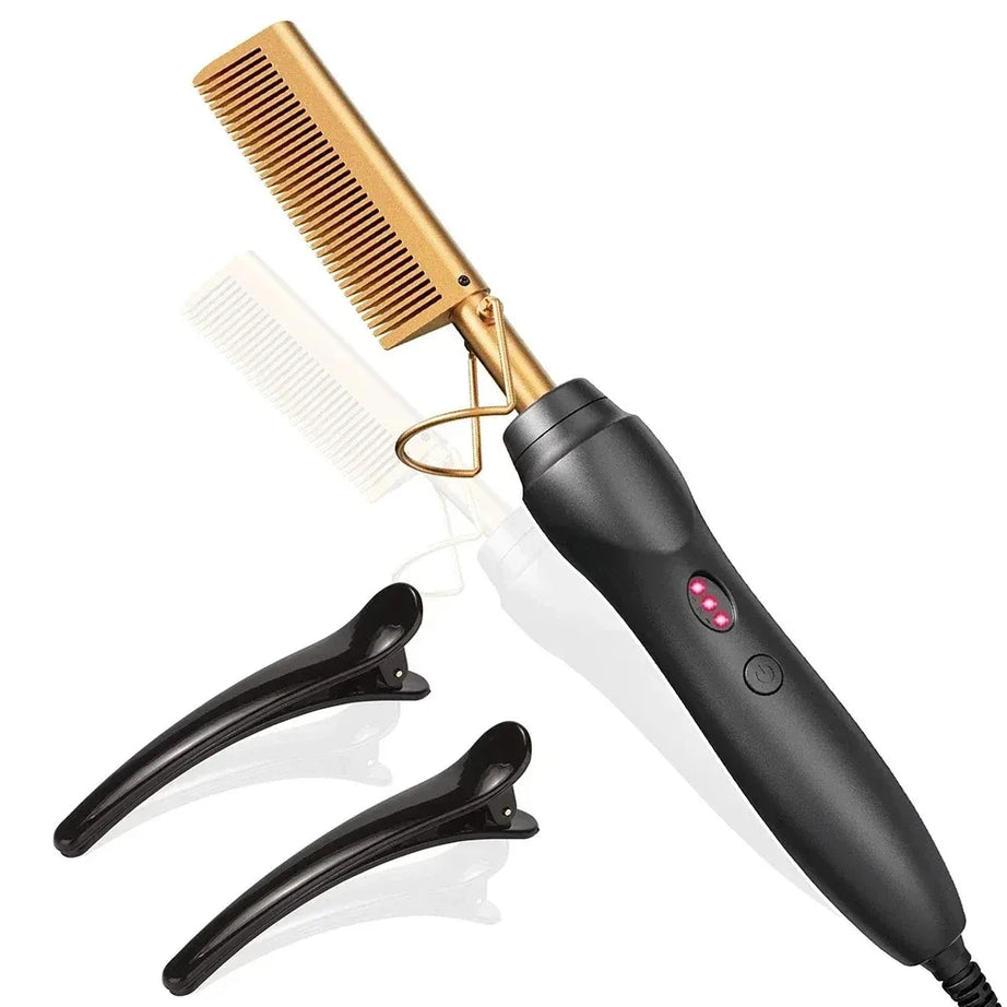 Peigne chauffant électrique rose, fer à lisser pour cheveux, barbe et perruques, utilisable sur cheveux secs ou mouillés.