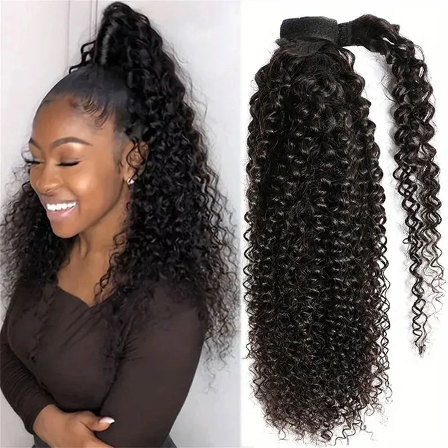 Queue de cheval lisse de 25 à 80 cm, confectionnée à la machine, avec clips magiques, extensions de cheveux humains brésiliens Remy noirs et bouclés.