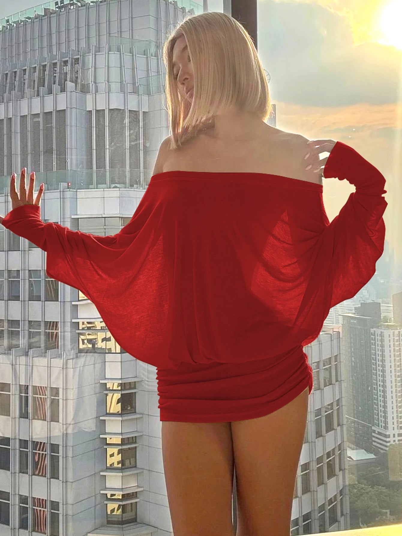 Robe mini Dulzura à épaules dénudées et manches longues, ornée de patchwork froncé, pour femme, tenue sexy, élégante et décontractée idéale pour les soirées et les clubs, printemps-été.