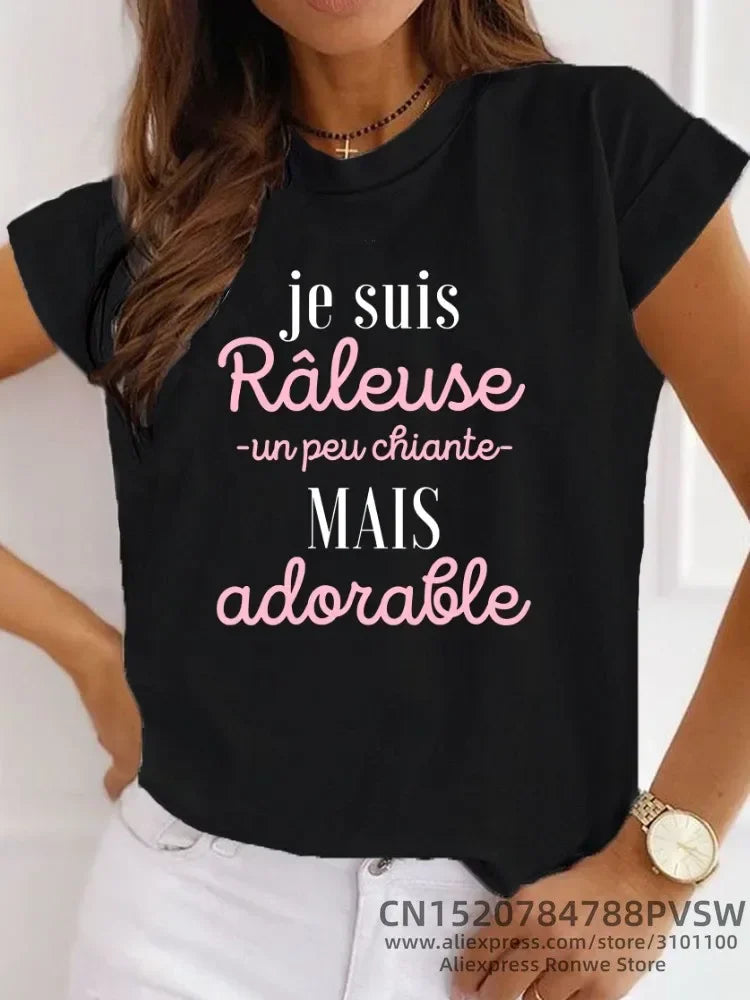 Hauts Harajuku noirs, roses et rouges, vêtements pour femmes, France, t-shirt graphique amusant avec inscription, style fille, manches courtes