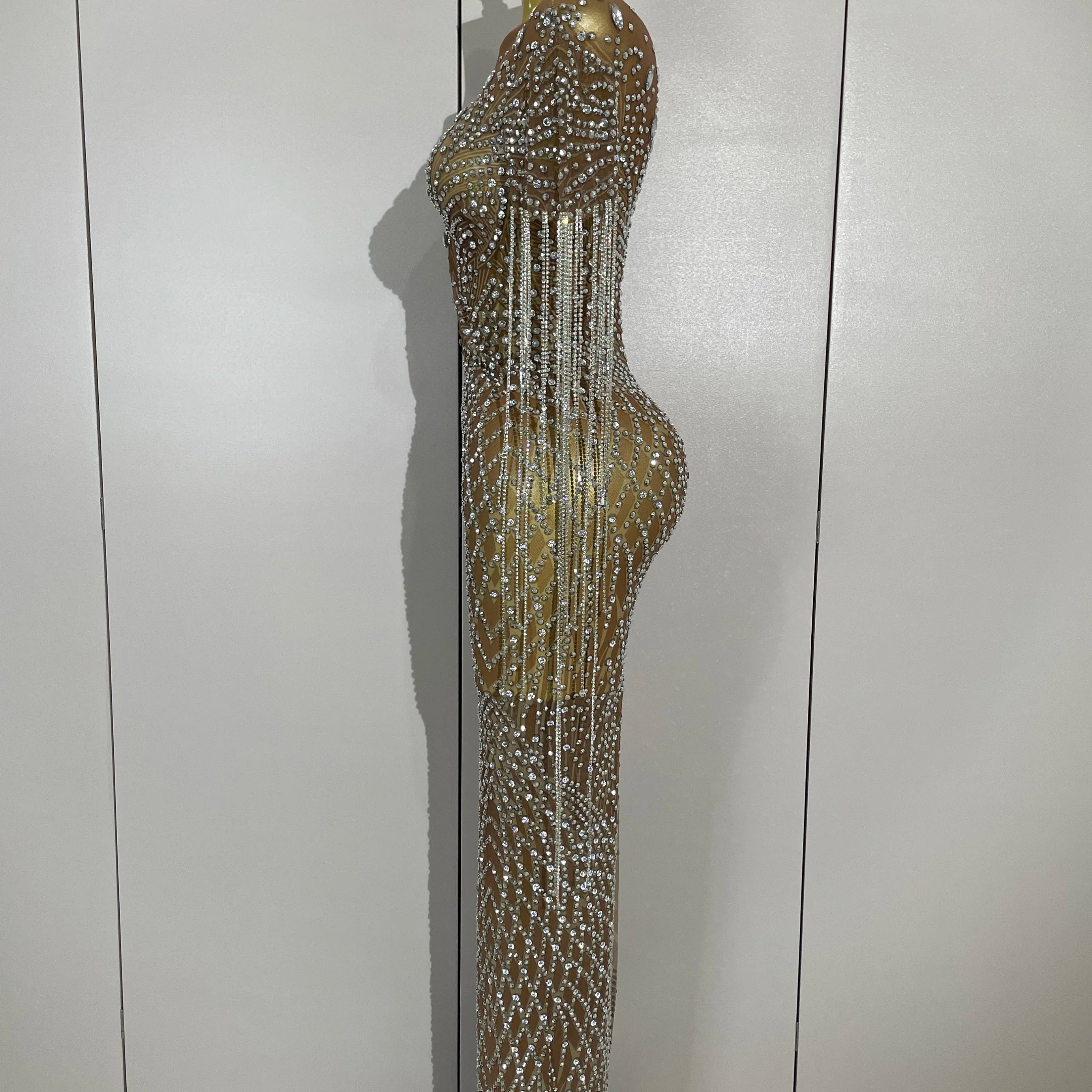 Luxery Sparkly Rhinestones Tassel Transparent Mesh Stretch Long Dress Women Evening Celebrate Birthday Dress Sexy Stage Costumes