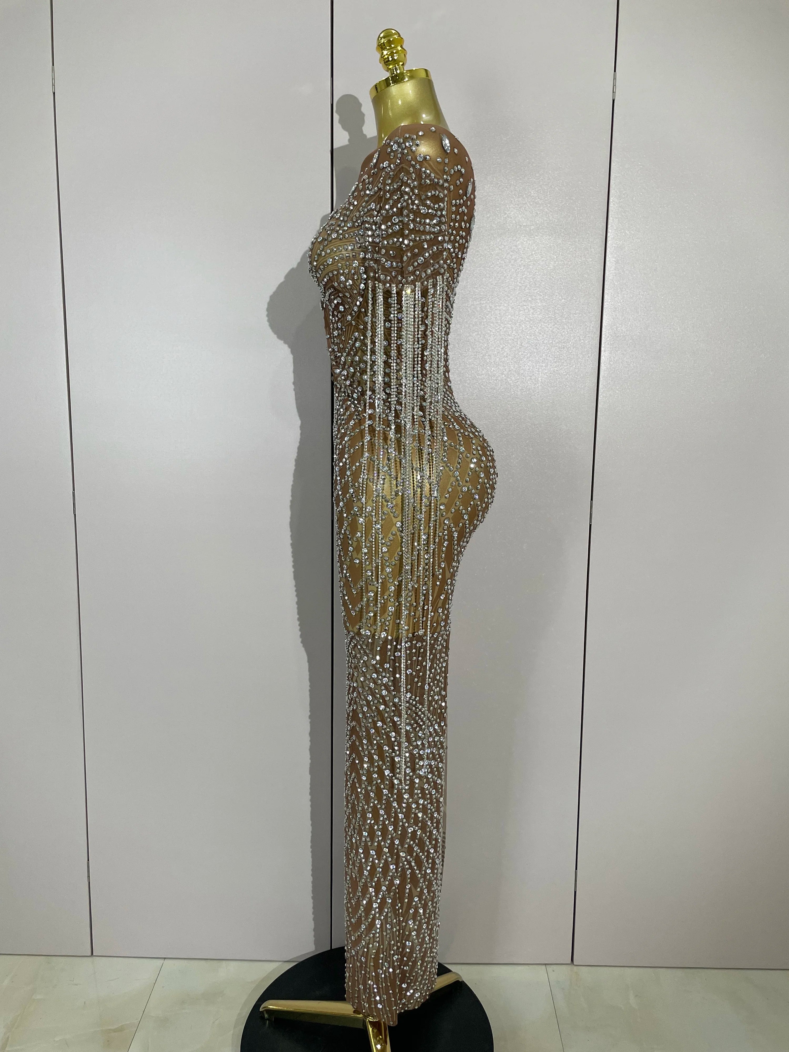 Luxery Sparkly Rhinestones Tassel Transparent Mesh Stretch Long Dress Women Evening Celebrate Birthday Dress Sexy Stage Costumes