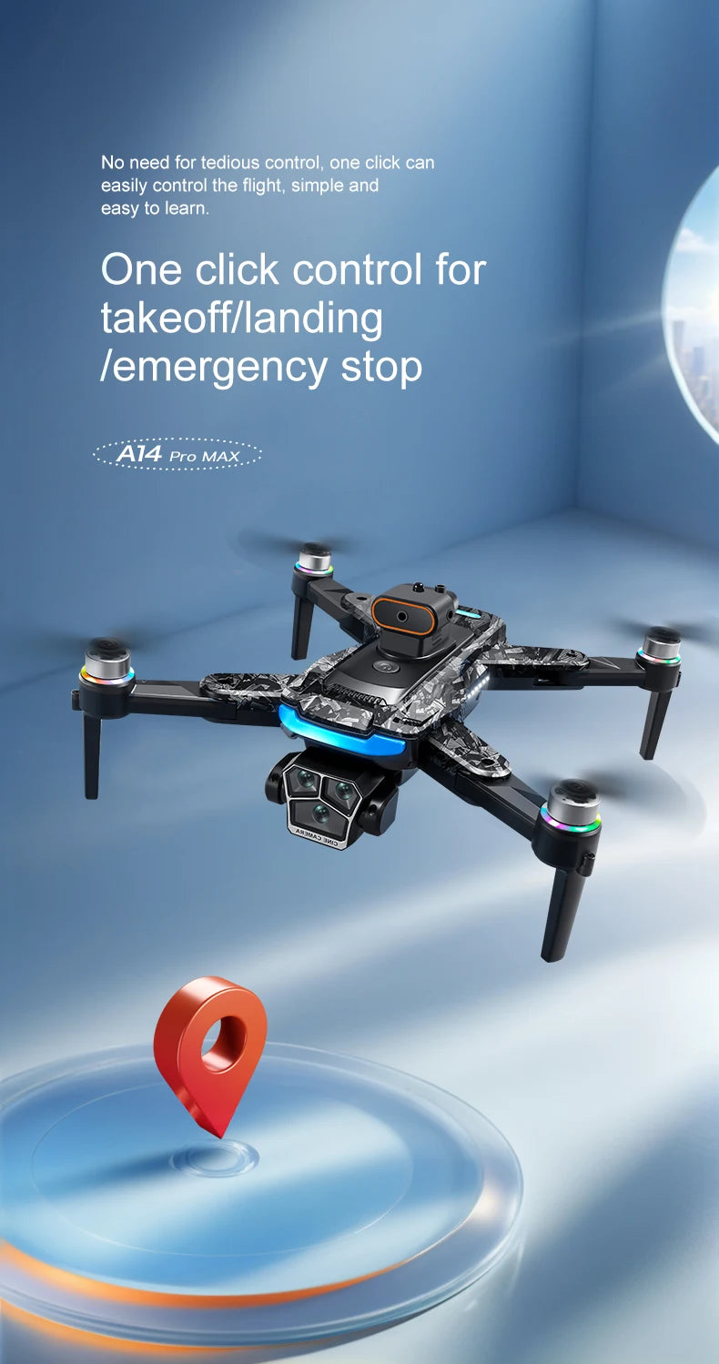 Véritable quadricoptère RC pliable A14 Pro Max GPS Brushless 8K avec trois caméras, détection d'obstacles et écran, pour une portée optimale.