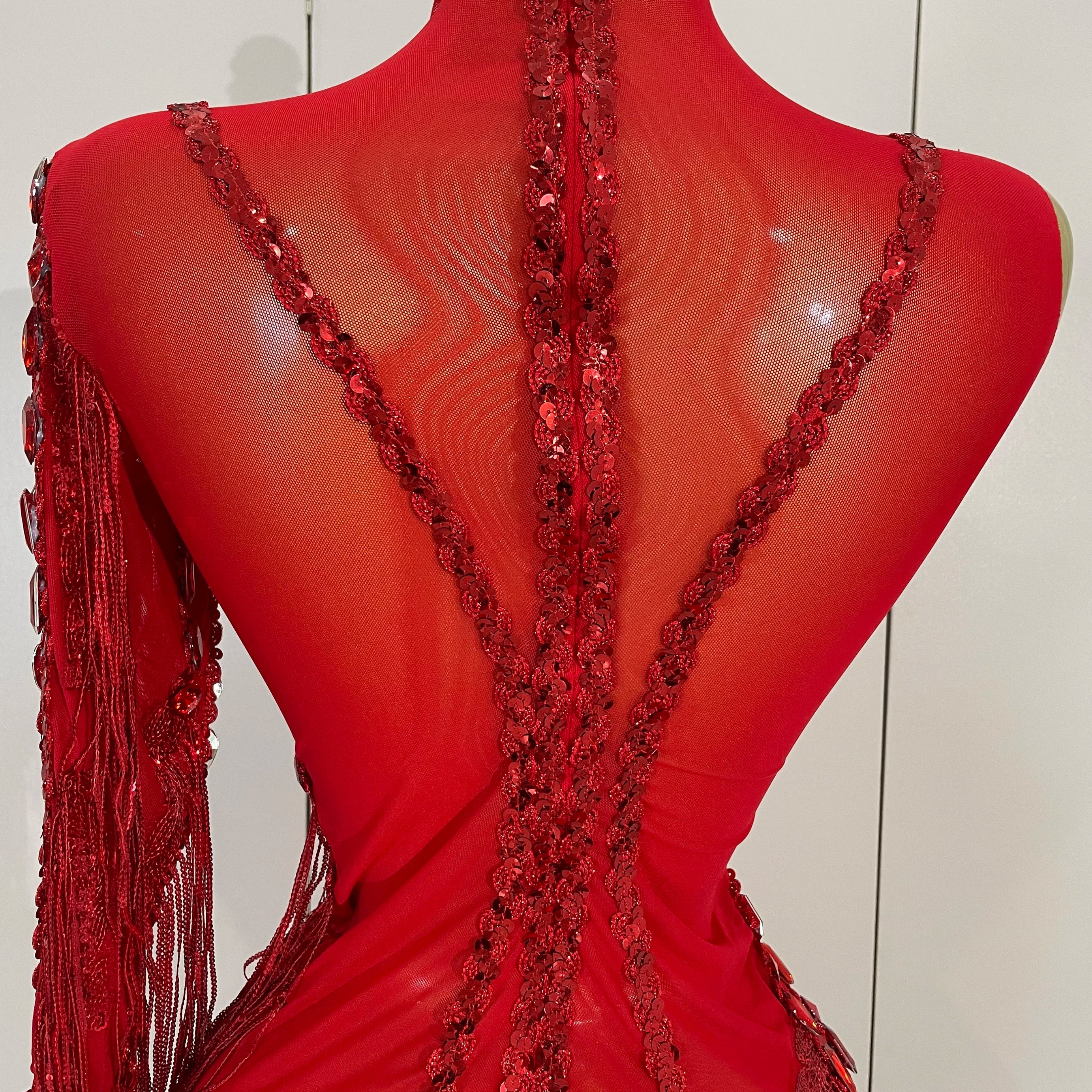 New Stage Costume Sparkly Rhinestones Tassel Sexy See-Through Dress Women One Shoulder Latin Dance Bars Nightclub Party Outfits