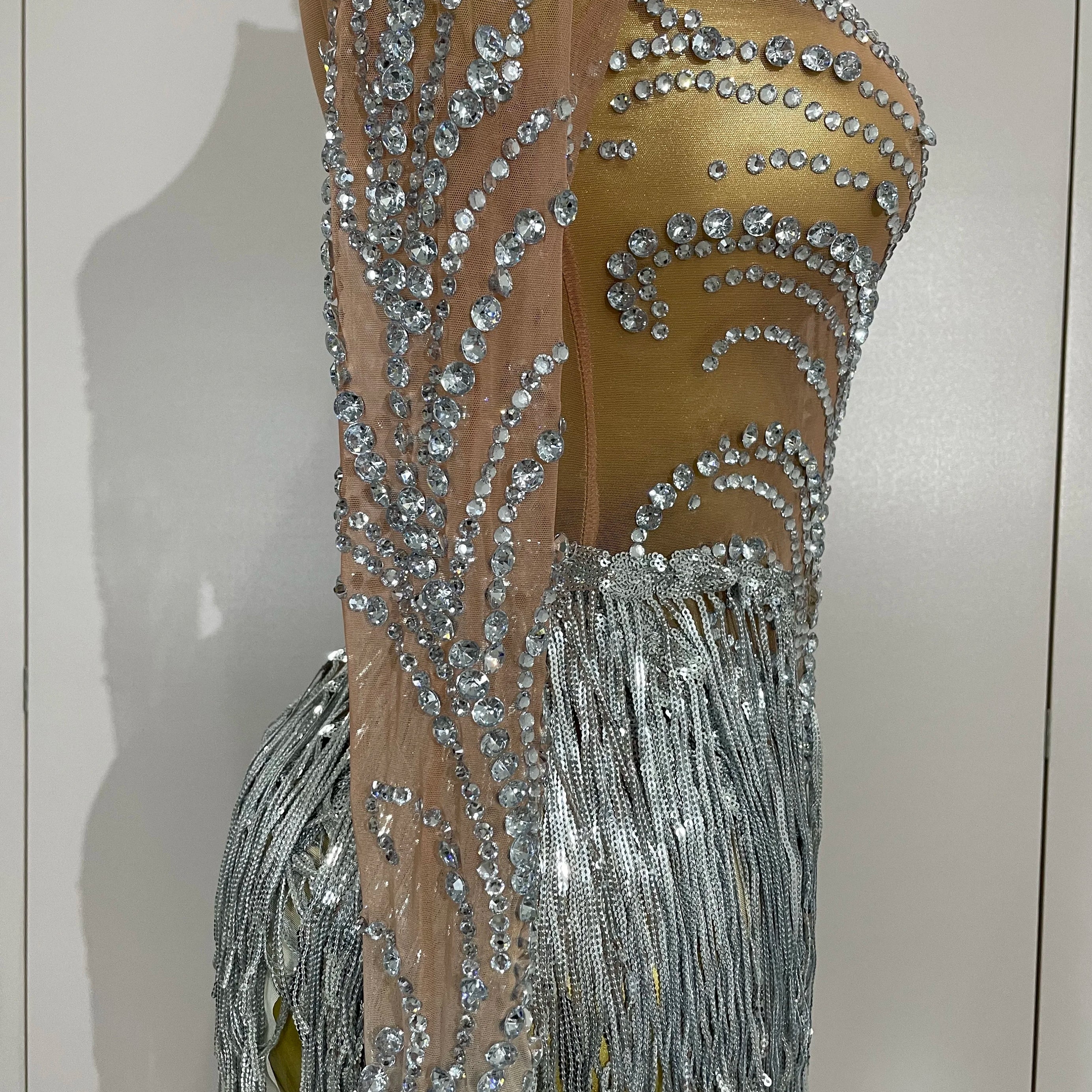 Women Sparkly Rhinestone Pearl Sequins Tassel Sexy Transparent Dress Evening Birthday Party Nightclub Dance Singer Stage Outfit