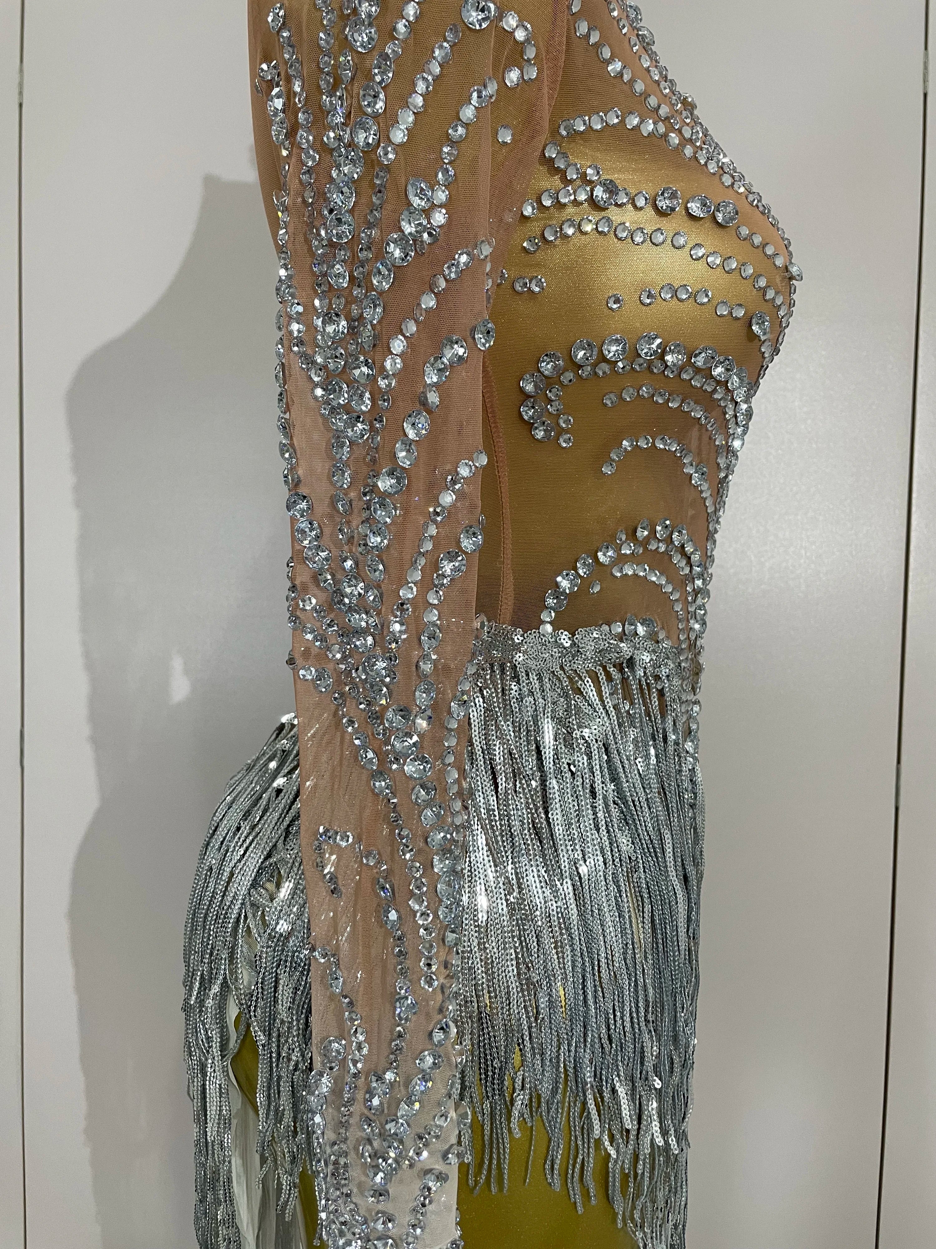 Women Sparkly Rhinestone Pearl Sequins Tassel Sexy Transparent Dress Evening Birthday Party Nightclub Dance Singer Stage Outfit