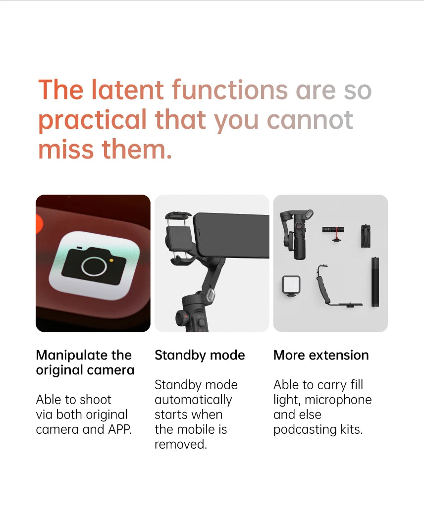 Stabilisateur à cardan 3 axes pour smartphone, pliable, portable, pour l'enregistrement vidéo, les vlogs et les appareils Android. Stabilisateur anti-tremblement PTZ pour iPhone et Android.