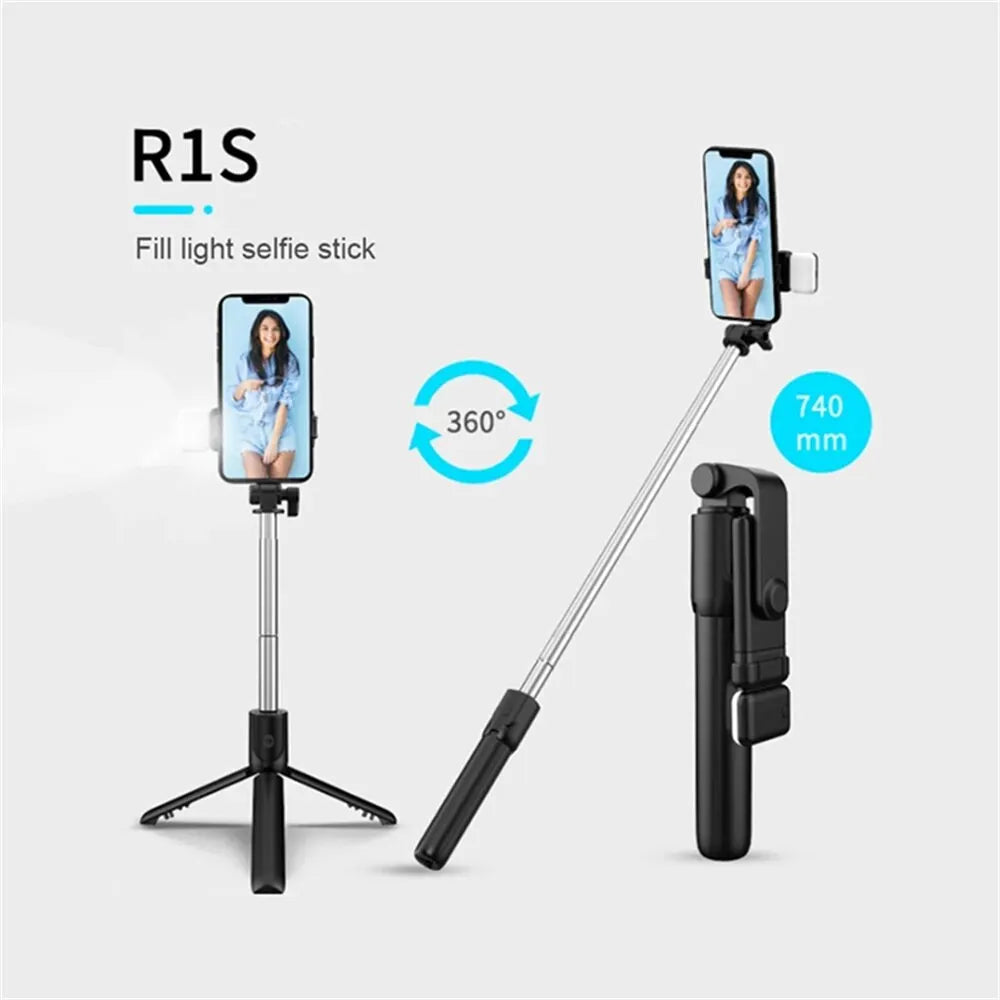 Perche à selfie sans fil avec support de téléphone, mini trépied multifonctionnel rétractable de 74 cm, lampe selfie LED et déclencheur à distance Bluetooth.