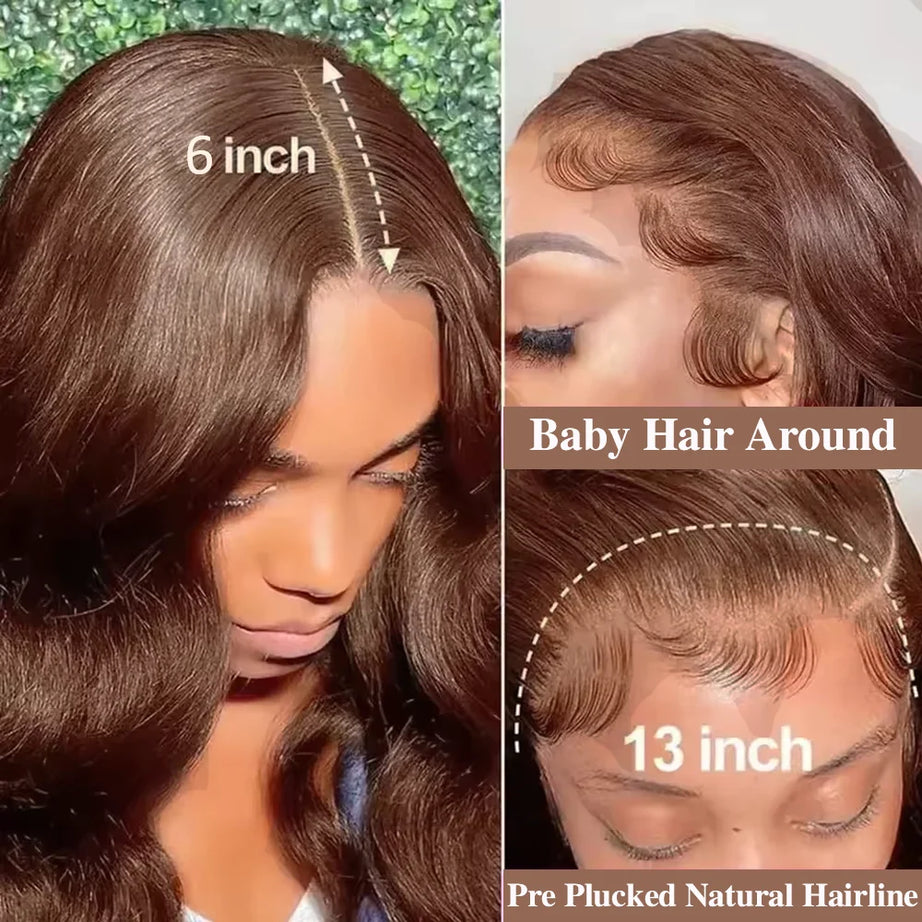 Pelucas de cabello humano con encaje frontal HD de 13x6, color marrón chocolate con ondas corporales, densidad de 200, pelucas con encaje frontal HD para mujer, cabello pre-depilado.