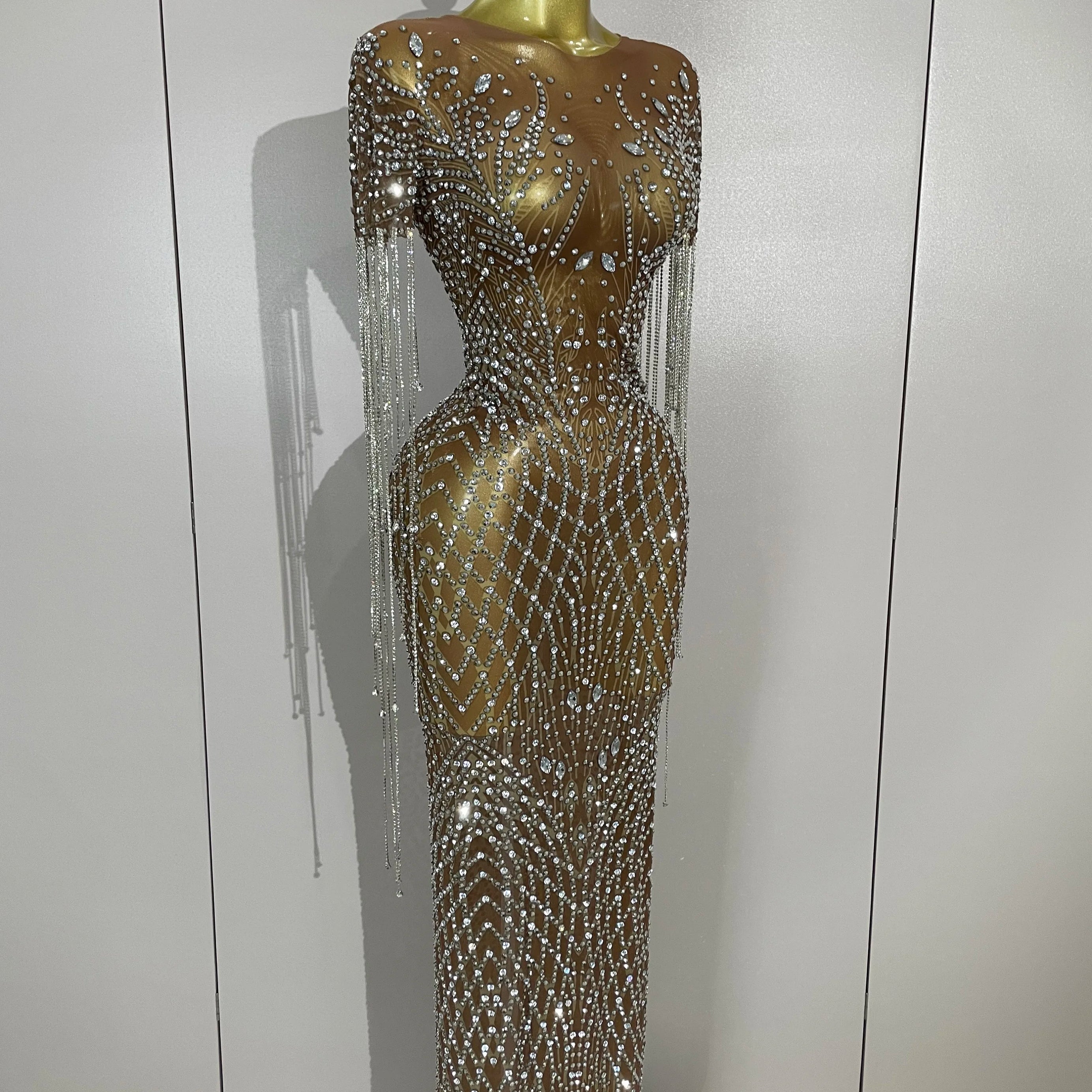 Luxery Sparkly Rhinestones Tassel Transparent Mesh Stretch Long Dress Women Evening Celebrate Birthday Dress Sexy Stage Costumes