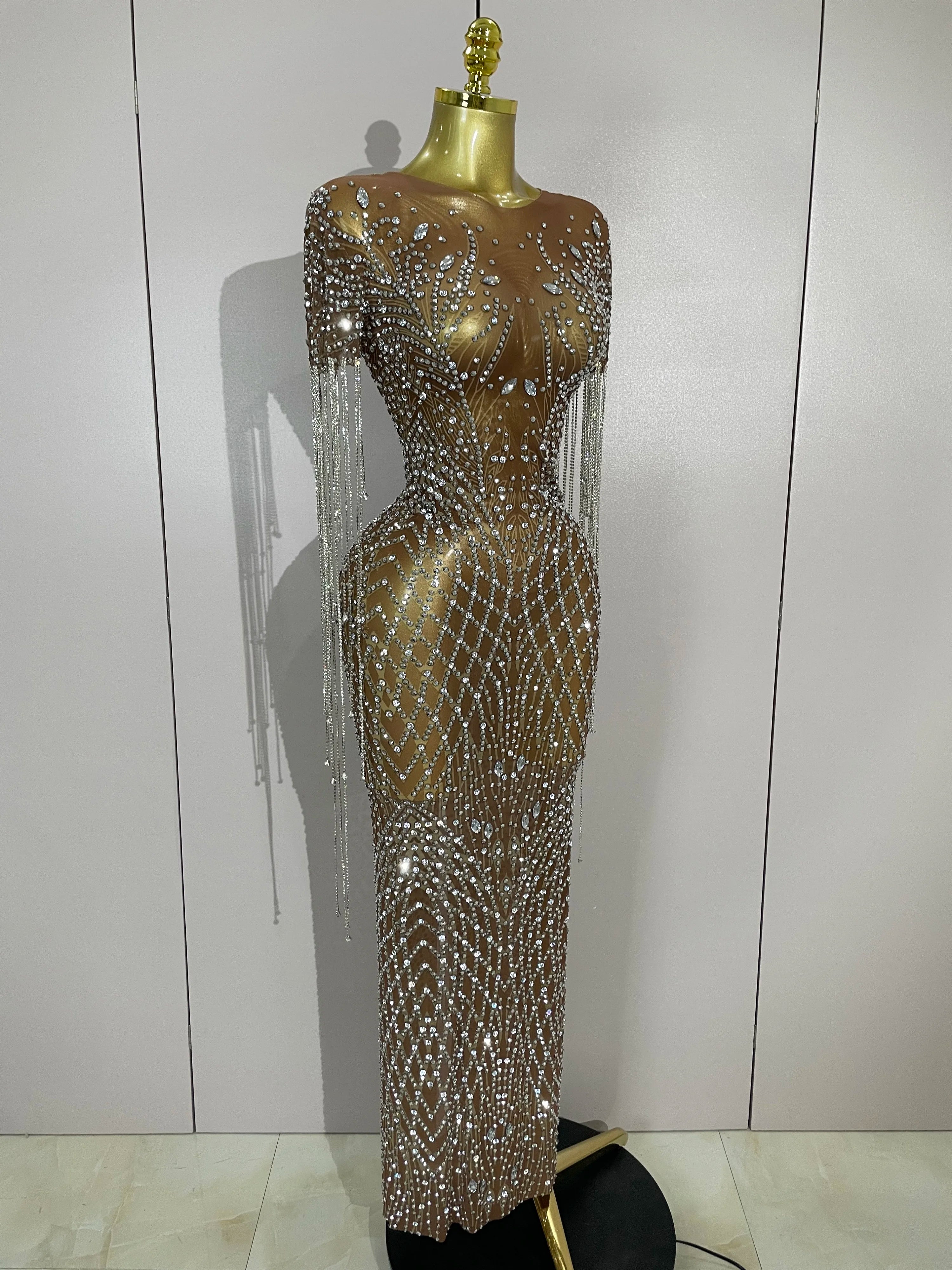 Luxery Sparkly Rhinestones Tassel Transparent Mesh Stretch Long Dress Women Evening Celebrate Birthday Dress Sexy Stage Costumes
