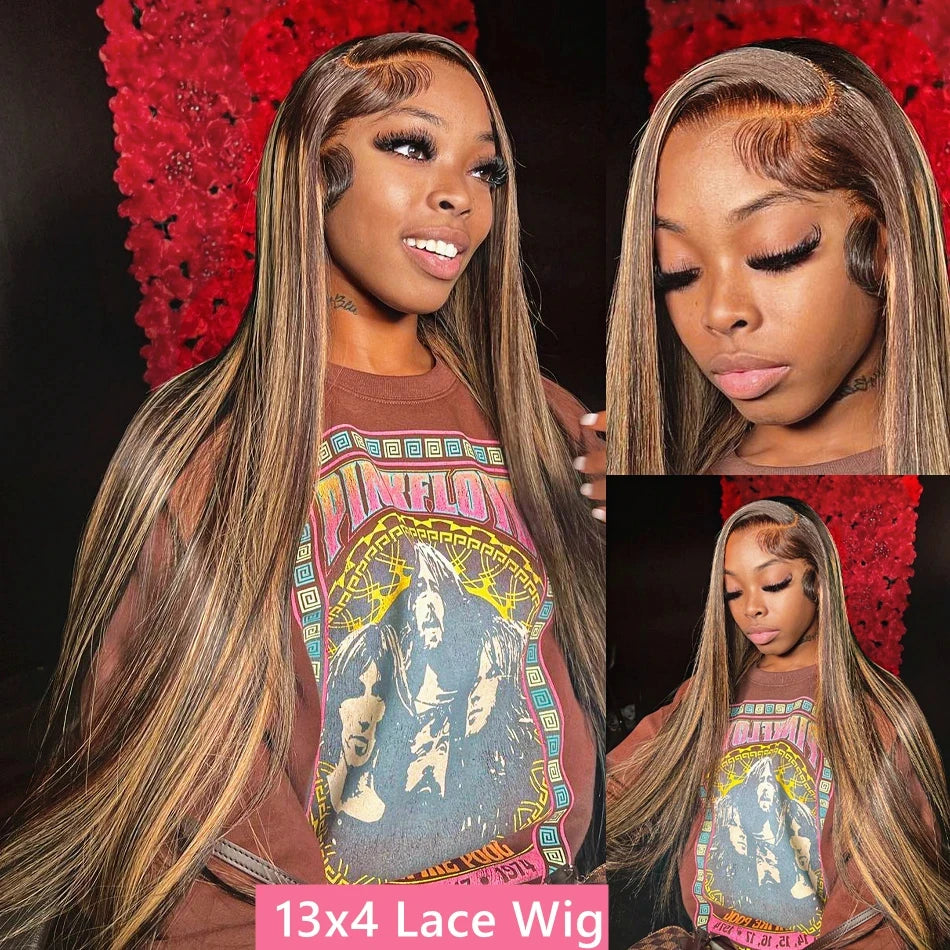 38 Inch Straight Human Hair Wigs Highlight Wig Human Hair 13x6 Hd Lace Frontal Wig Straight Wig 13x4  4/27 Honey Blond Ombre Wig