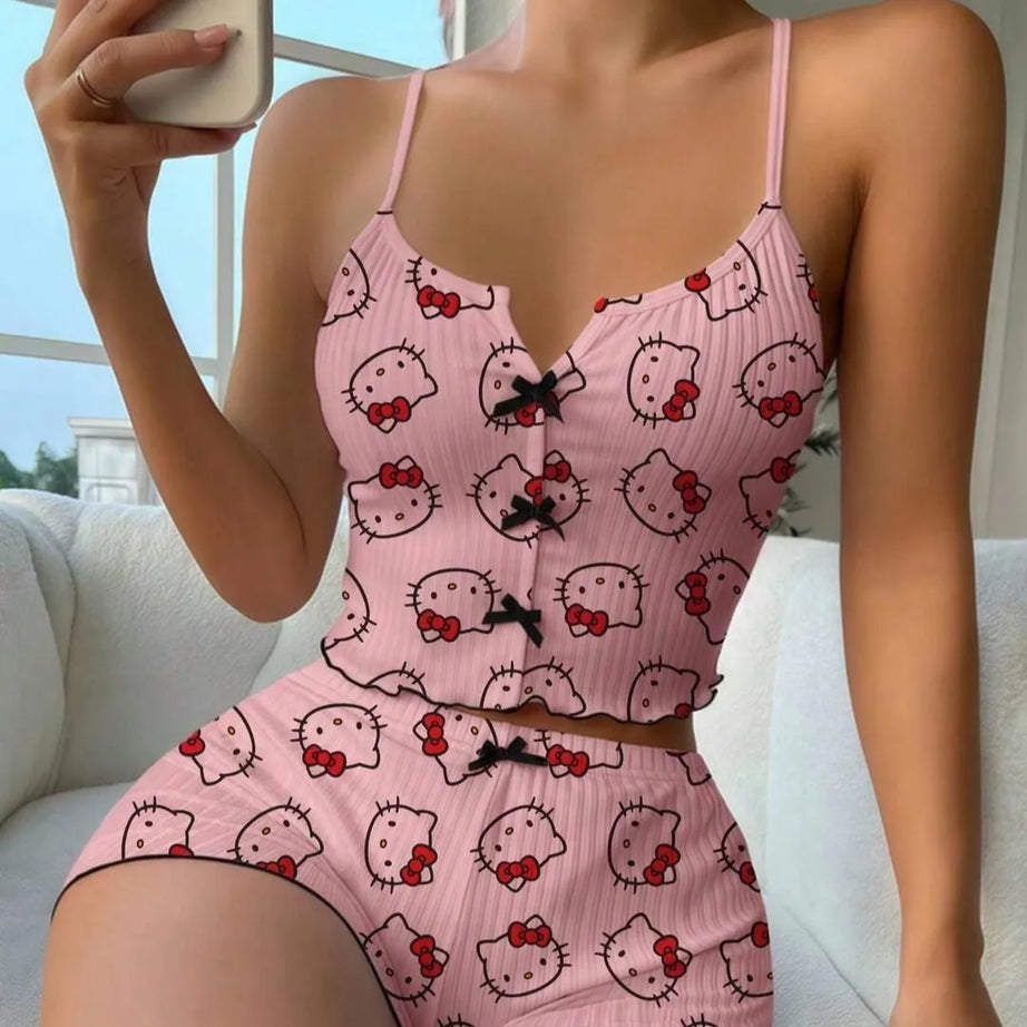 Ensemble pyjama short à bretelles courtes Spice Girl, nouveau dessin animé Hello Kitty, débardeur fin, short, idéal pour se détendre à l'extérieur.