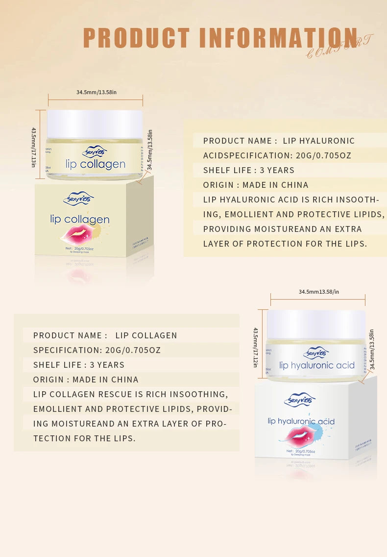 Masque de nuit pour les lèvres à l'acide hyaluronique et au collagène (20 g) : hydratation intense et longue durée, exfoliation, jour et nuit. Idéal comme cadeau.