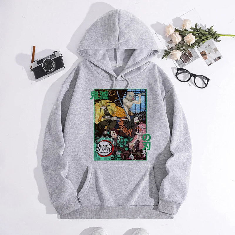 Japanese Anime Demon Slayer Hoodie Unisex Kamado Tanjirou Graphic Sweatshirts Greys Y2k Harajuku Fashion Cartoon Pullover Winter