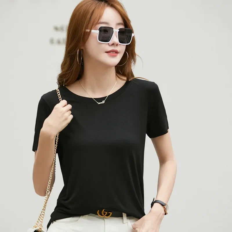 T-shirt MRMT 2026 pour femme, neuf, en coton et soie glacée, couleur unie, col rond, style minimaliste décontracté.