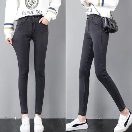 Jean skinny taille haute doublé polaire pour femme, épais et chaud, idéal pour l'hiver. Nouveau style polyvalent, coupe crayon, décontracté et confortable.