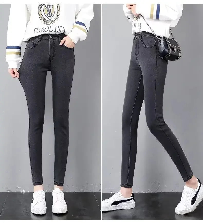 Jean skinny taille haute doublé polaire pour femme, épais et chaud, idéal pour l'hiver. Nouveau style polyvalent, coupe crayon, décontracté et confortable.