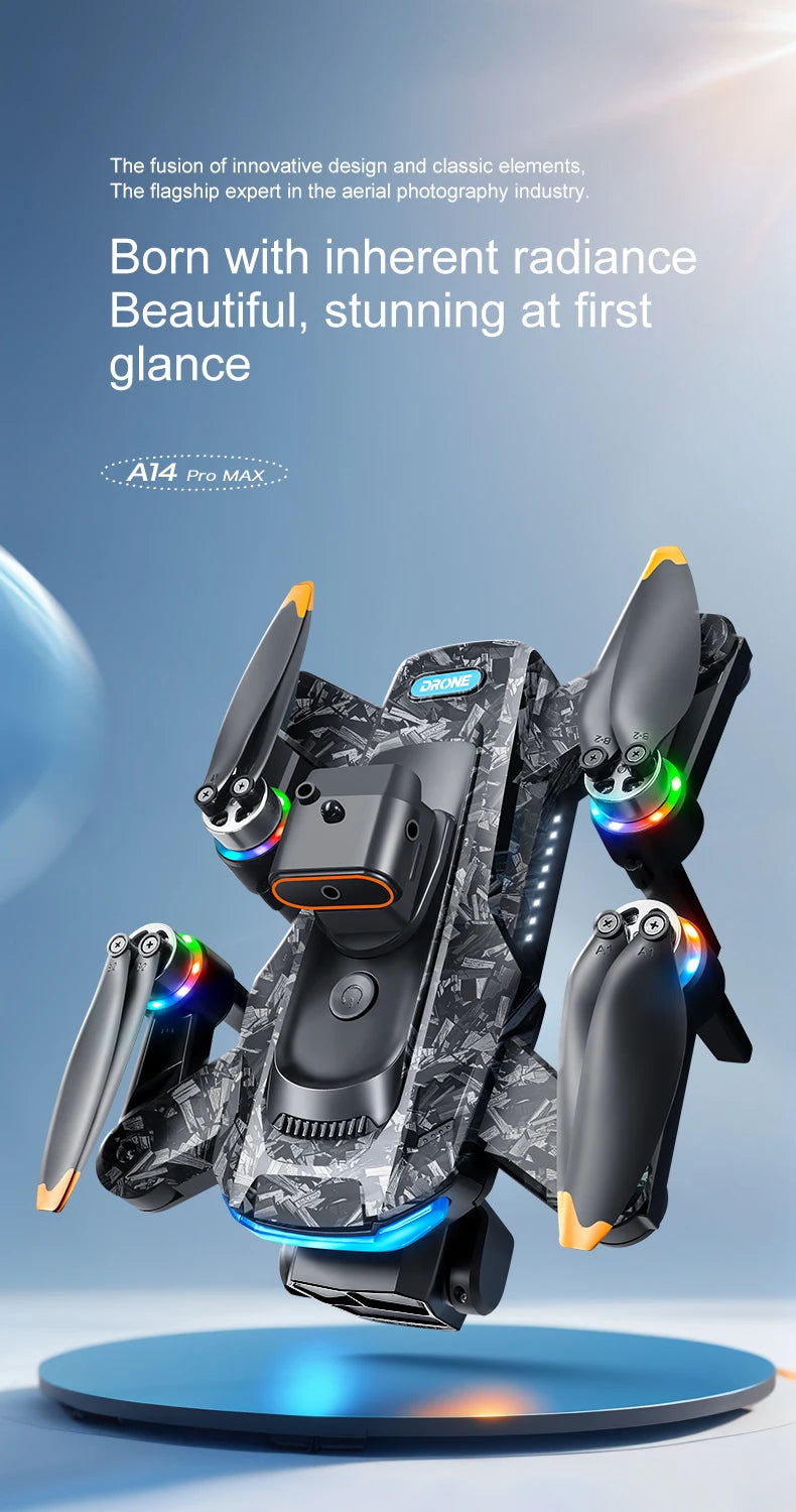 Véritable quadricoptère RC pliable A14 Pro Max GPS Brushless 8K avec trois caméras, détection d'obstacles et écran, pour une portée optimale.