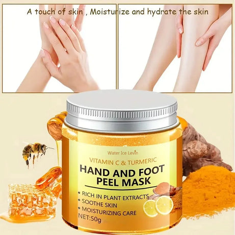 Masque à la cire pour les mains et les pieds à la vitamine C et au curcuma : adoucit la peau, nettoie en douceur et illumine le teint.