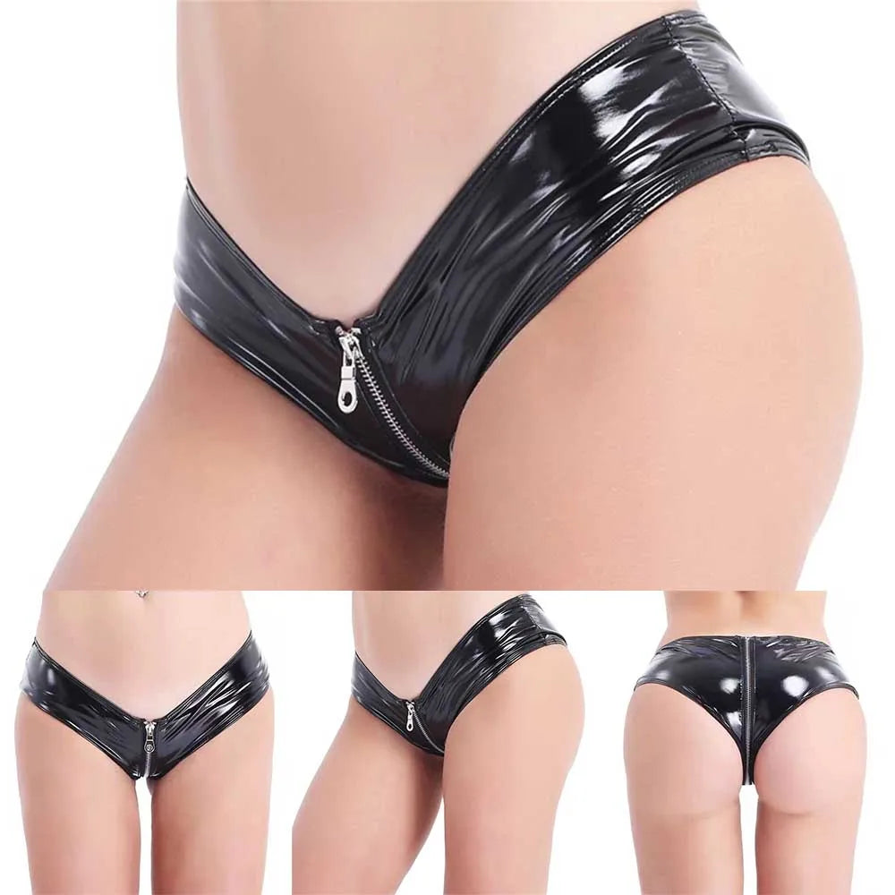 Culottes à entrejambe zippée pour femmes, mini-shorts en PVC effet mouillé, bikini taille basse, sous-vêtements skinny, tenues de soirée, lingerie érotique