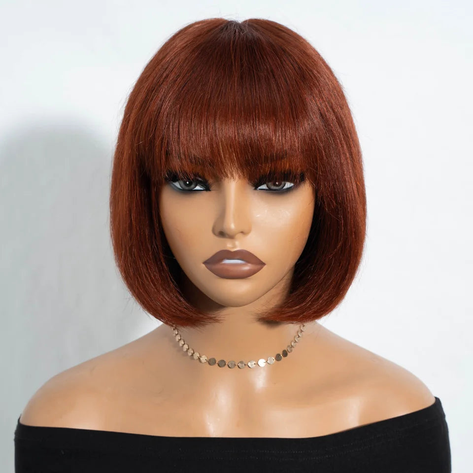Perruques en cheveux humains lisses avec frange, raie au milieu, coupe au carré, style brésilien, effet cuir chevelu réaliste.
