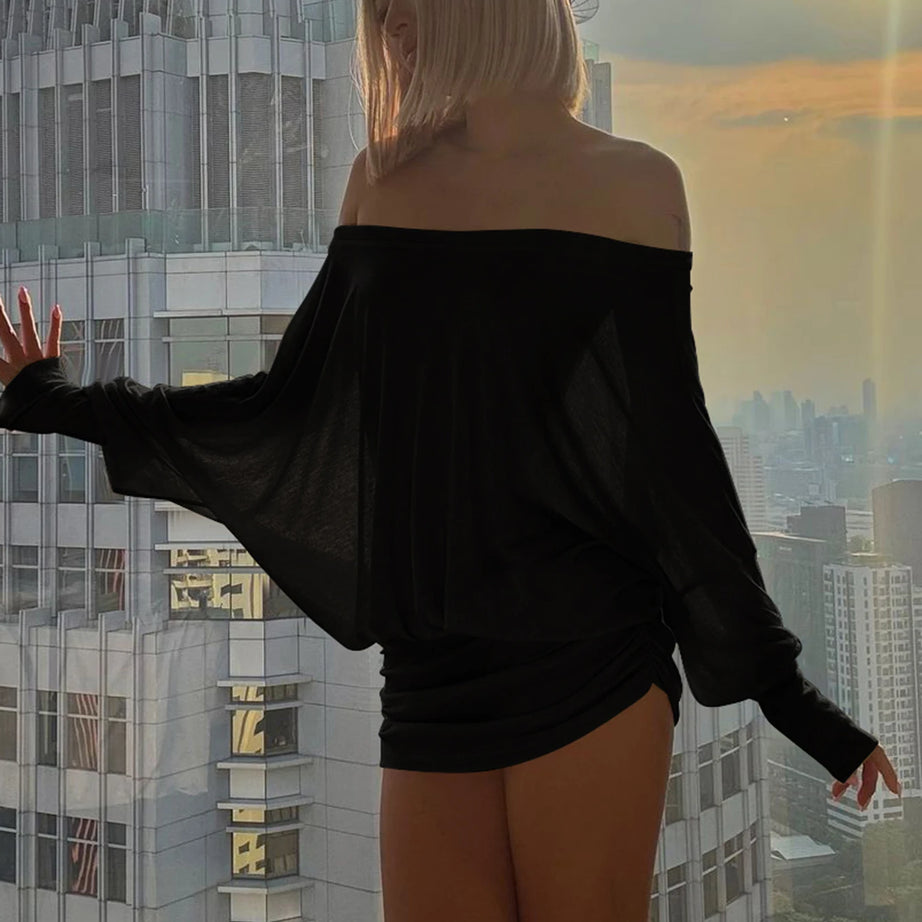 Robe mini Dulzura à épaules dénudées et manches longues, ornée de patchwork froncé, pour femme, tenue sexy, élégante et décontractée idéale pour les soirées et les clubs, printemps-été.