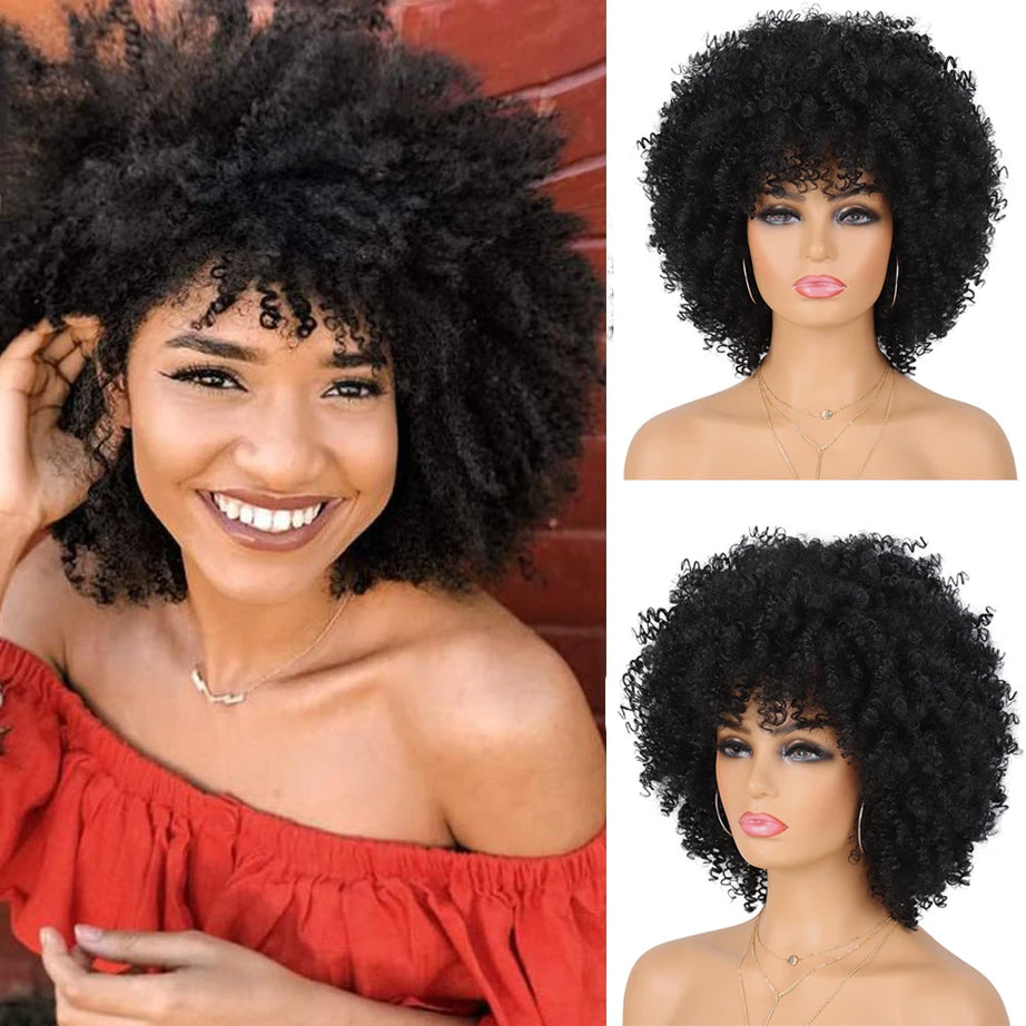 Perruque synthétique afro courte et frisée avec frange, 30 cm, pour femmes noires. Naturelle, sans colle, résistante à la chaleur, idéale pour les soirées et les fêtes.