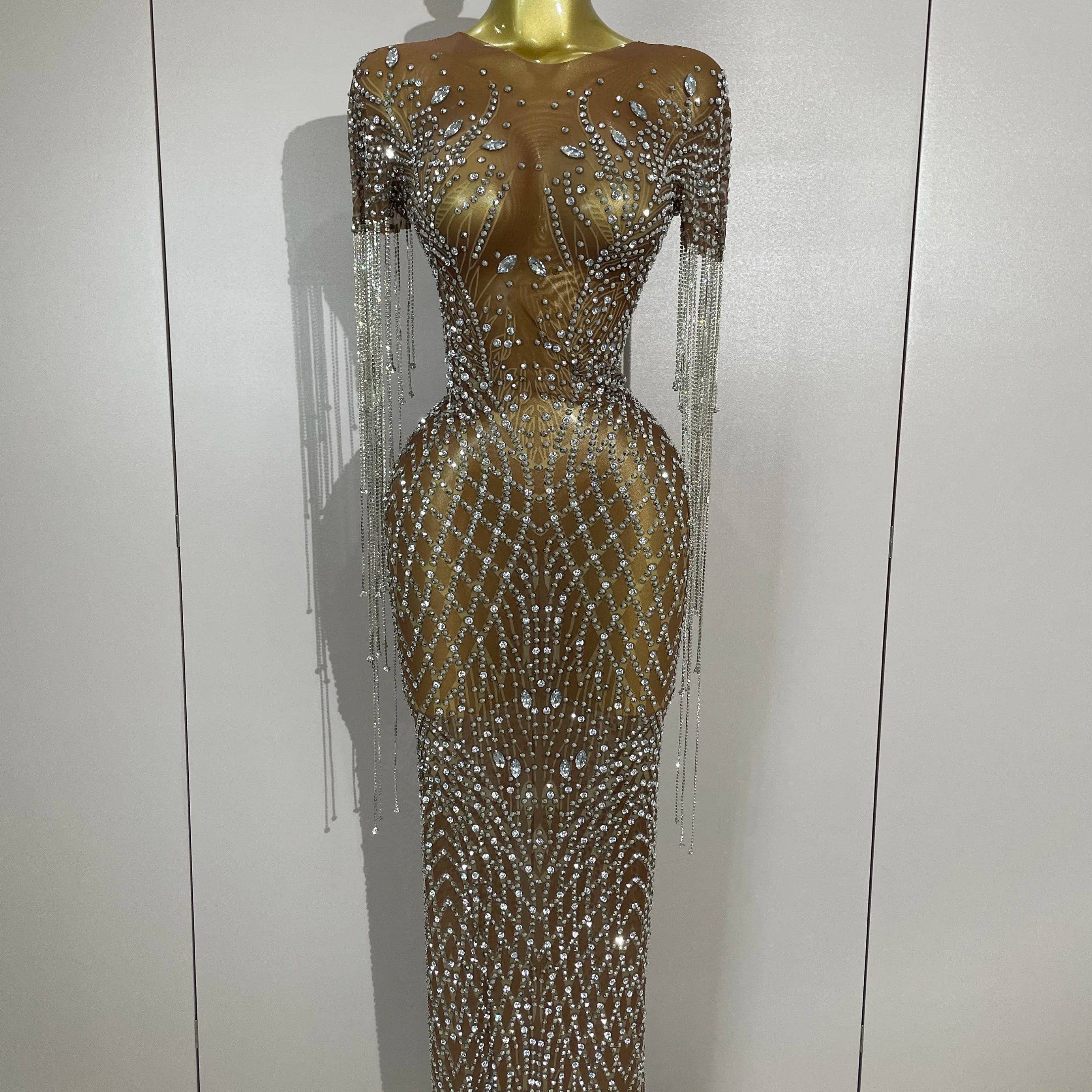 Luxery Sparkly Rhinestones Tassel Transparent Mesh Stretch Long Dress Women Evening Celebrate Birthday Dress Sexy Stage Costumes