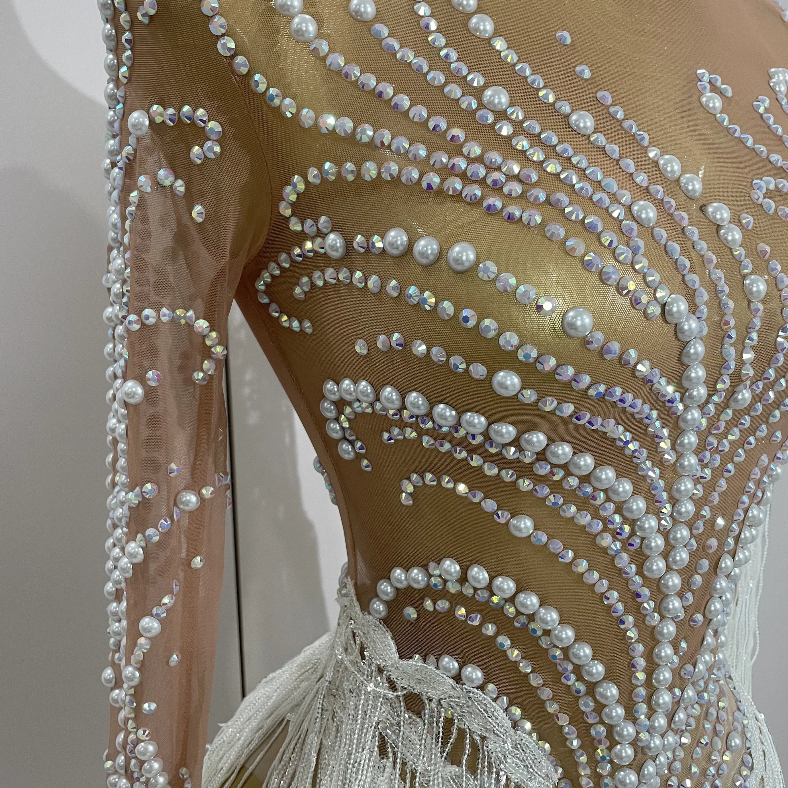 Women Sparkly Rhinestone Pearl Sequins Tassel Sexy Transparent Dress Evening Birthday Party Nightclub Dance Singer Stage Outfit