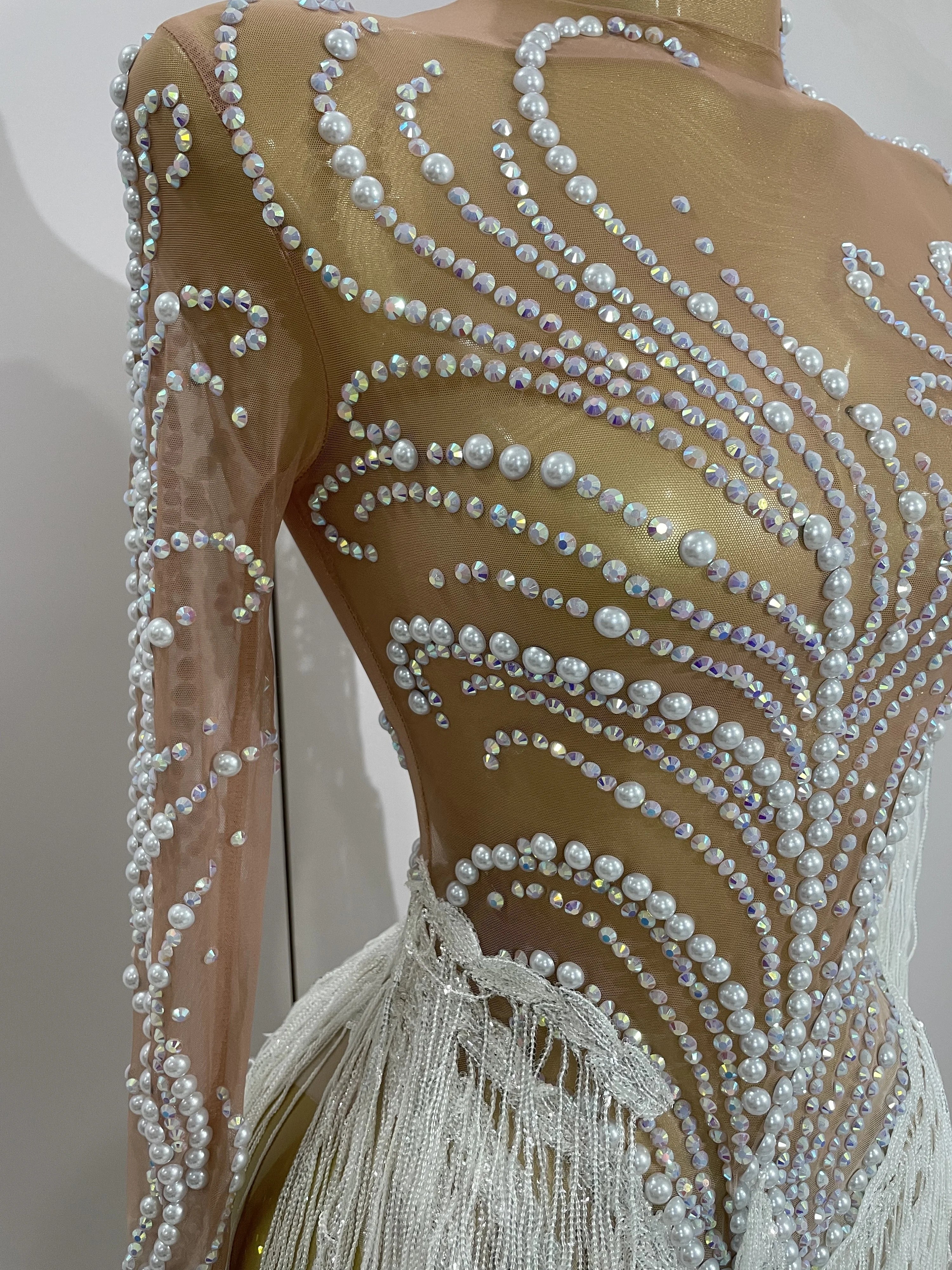 Women Sparkly Rhinestone Pearl Sequins Tassel Sexy Transparent Dress Evening Birthday Party Nightclub Dance Singer Stage Outfit