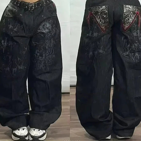 Jean tendance streetwear brodé de têtes de mort pour femme, style Harajuku Y2K, pantalon droit à jambes larges, style Joker, jean décontracté pour couple