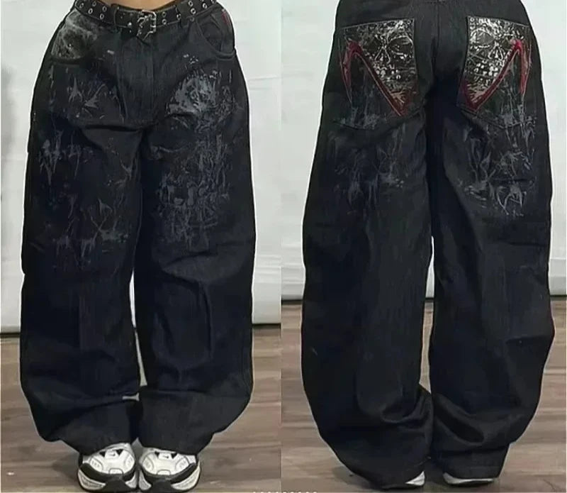 Jean tendance streetwear brodé de têtes de mort pour femme, style Harajuku Y2K, pantalon droit à jambes larges, style Joker, jean décontracté pour couple