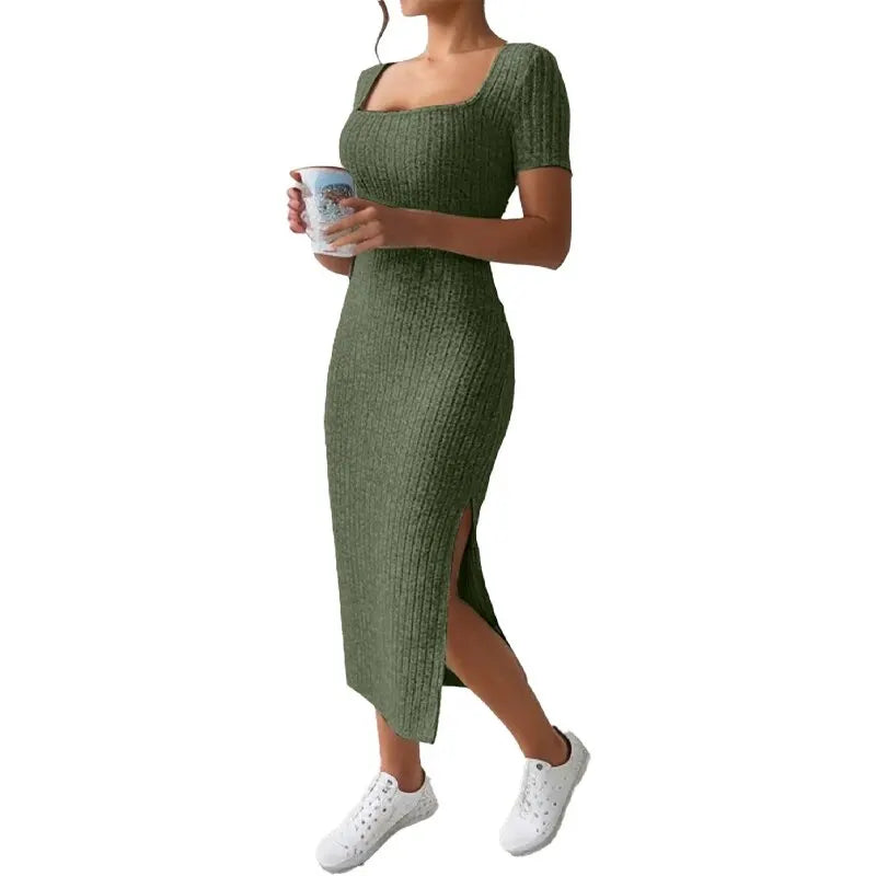 Robe d'été en maille fendue, col carré, jupe mi-longue moulante, manches courtes