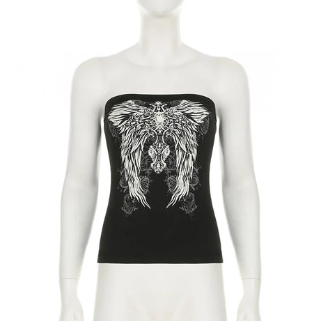 Débardeur noir sans bretelles à imprimé gothique pour femme, coupe skinny, court, style décontracté chic estival, streetwear Y2K, basique