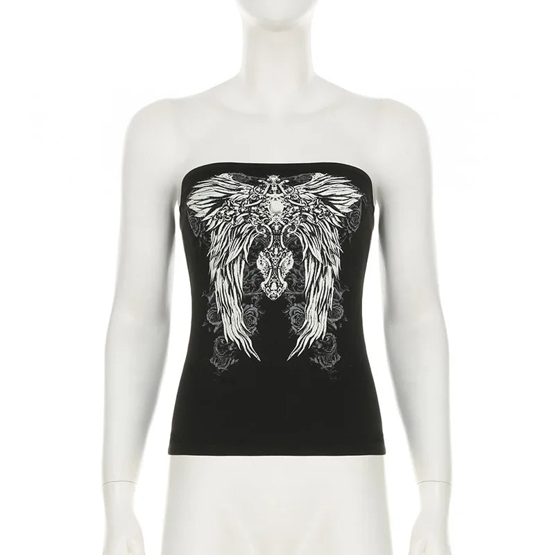Débardeur noir sans bretelles à imprimé gothique pour femme, coupe skinny, court, style décontracté chic estival, streetwear Y2K, basique