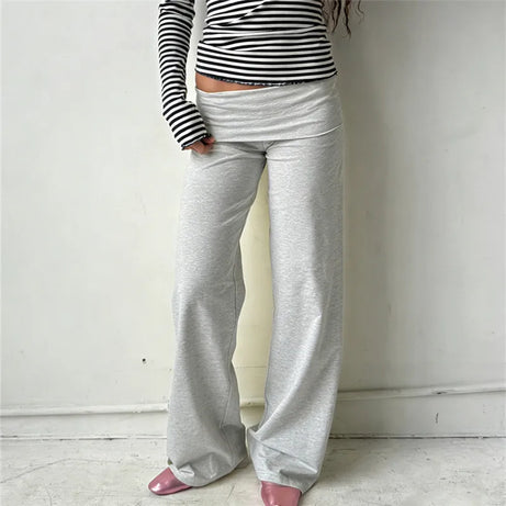 Pantalon large femme, couleur unie, taille repliable, pantalon décontracté printemps automne, pantalon de jogging ample, style streetwear Y2K
