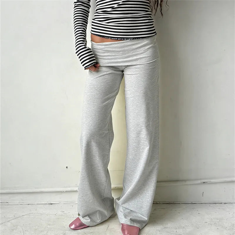 Pantalon large femme, couleur unie, taille repliable, pantalon décontracté printemps automne, pantalon de jogging ample, style streetwear Y2K