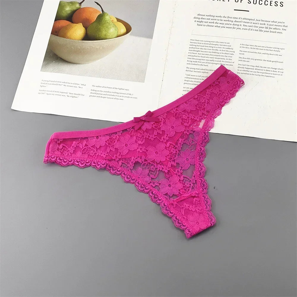 Lot de 3 culottes string sexy en dentelle transparente pour femme, sans coutures, style bikini, taille basse, tailles S à XXL