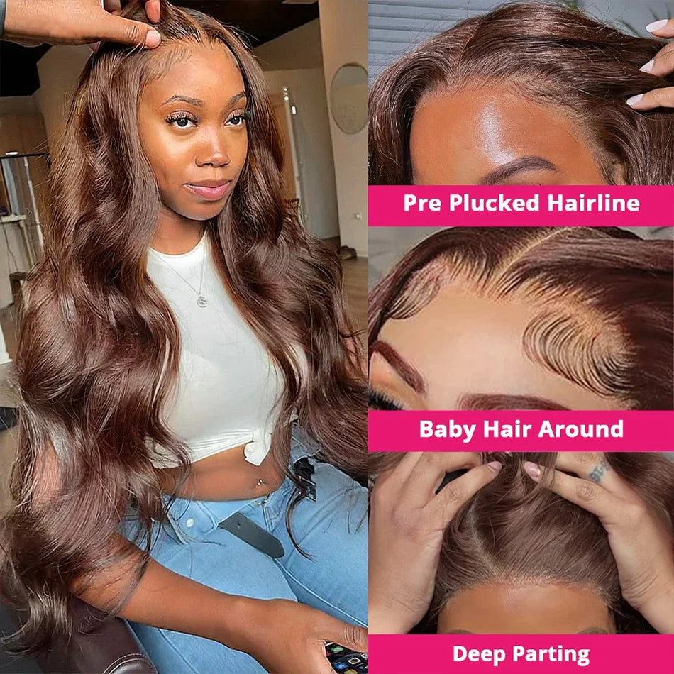 Perruque Lace Front HD Brun Chocolat 13x4 Ondulée, style brésilien, 13x6, pour femme, 100% cheveux humains Remy, pré-épilée