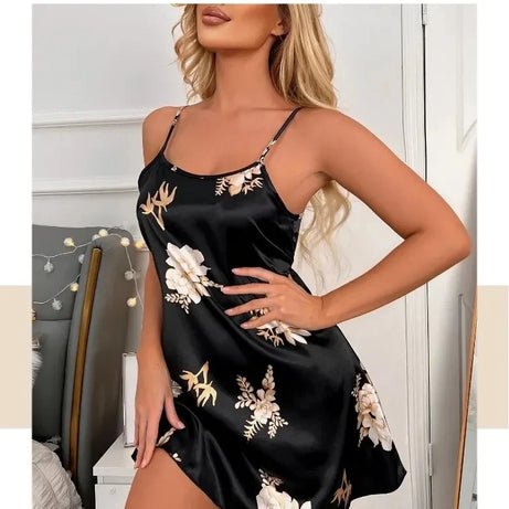 Vêtements de nuit pour femmes, vêtements d'intérieur, nuisette sexy noire à imprimé floral, chemises de nuit en soie, chemises de nuit pour femmes