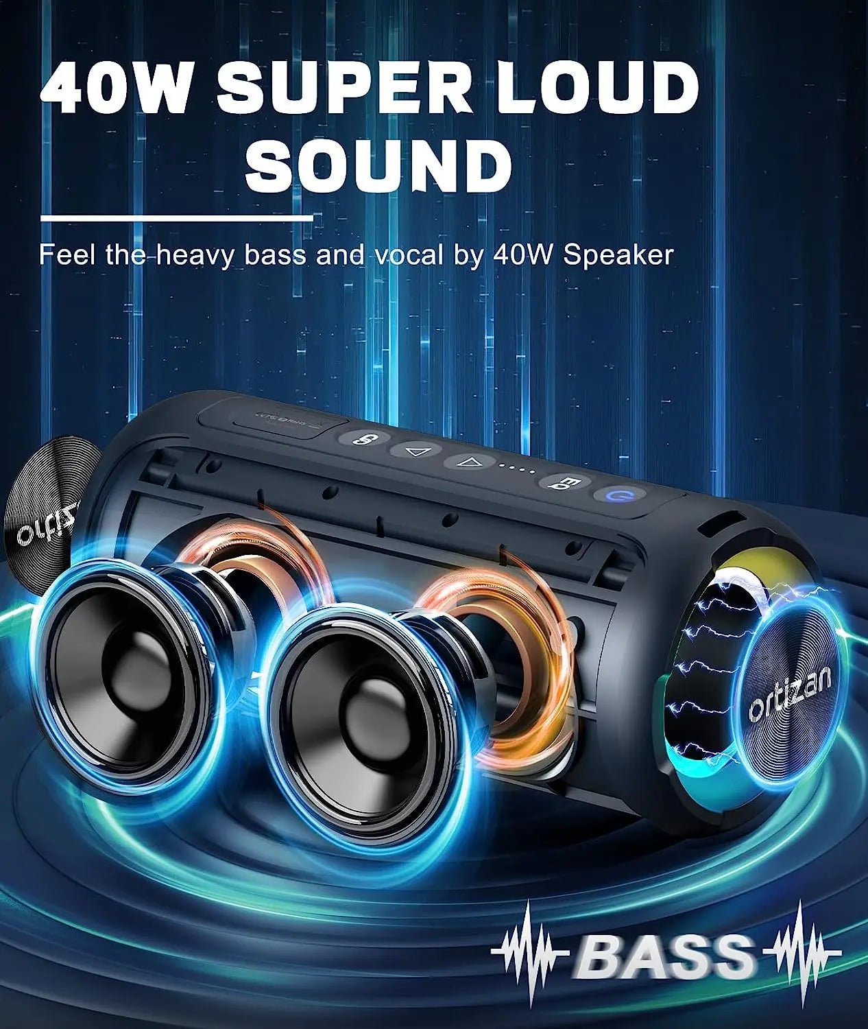 Enceinte Bluetooth Ortizan 40 W avec basses renforcées, portable, sans fil, pour l'extérieur, autonomie de 30 heures, étanche IP7, Bluetooth 5.3