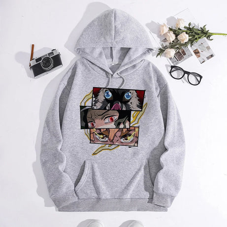 Japanese Anime Demon Slayer Hoodie Unisex Kamado Tanjirou Graphic Sweatshirts Greys Y2k Harajuku Fashion Cartoon Pullover Winter