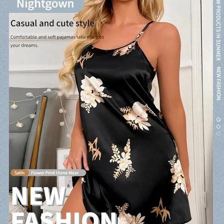 Vêtements de nuit pour femmes, vêtements d'intérieur, nuisette sexy noire à imprimé floral, chemises de nuit en soie, chemises de nuit pour femmes