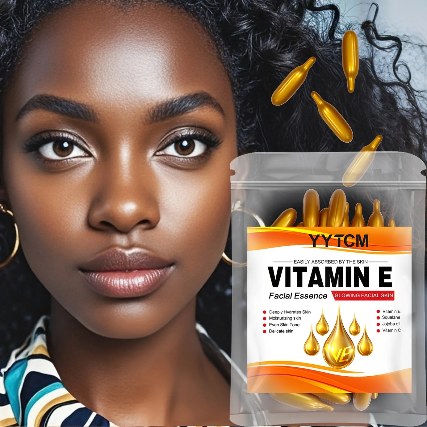 Capsules d'essence hydratante intense à la vitamine E, hydrate et lisse la peau, contient du squalane végétal et de la vitamine C. Essence hydratante et illuminatrice pour le teint (0,4 g x 30 capsules) / 1 sachet
