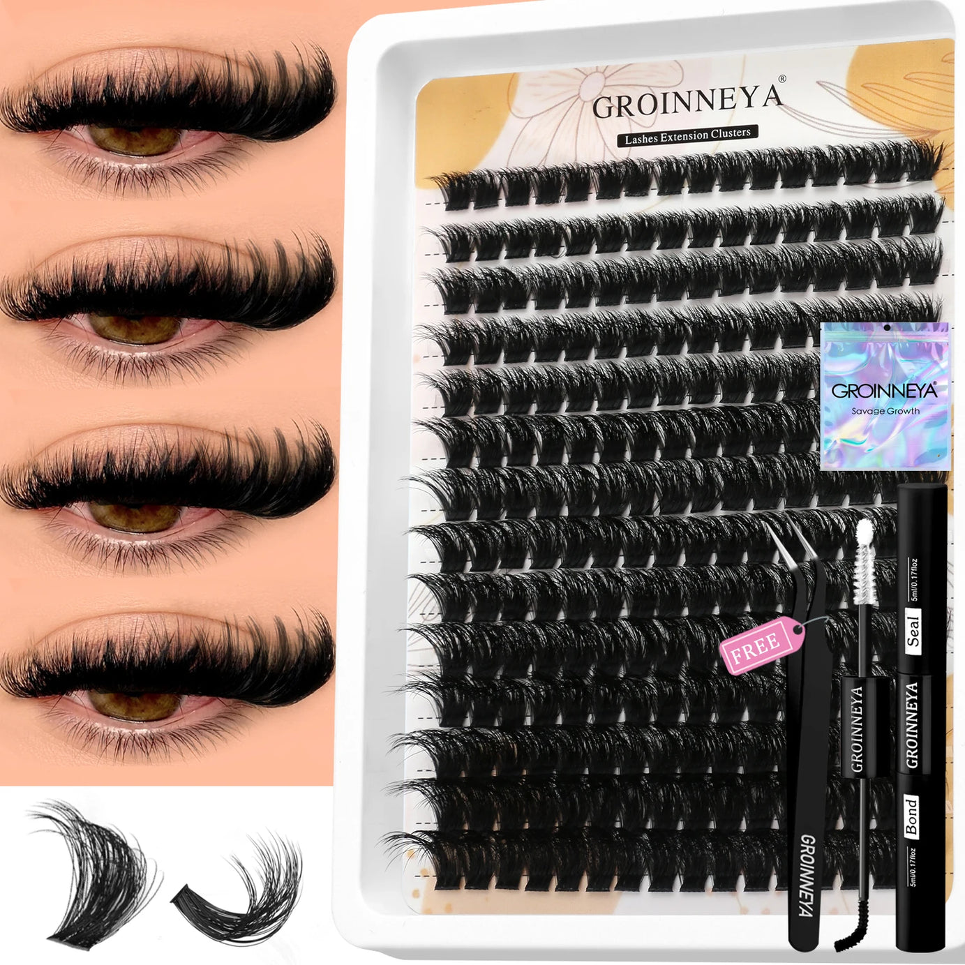 Kit de faux cils GROINNEYA avec patchs waterproof à tenue forte, kit d'extension de cils à faire soi-même, colle et fixateur, pince à épiler et maquillage.
