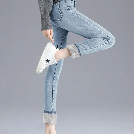 Jean d'hiver épais doublé polaire pour femme, amincissant, chaud et élastique, coupe crayon