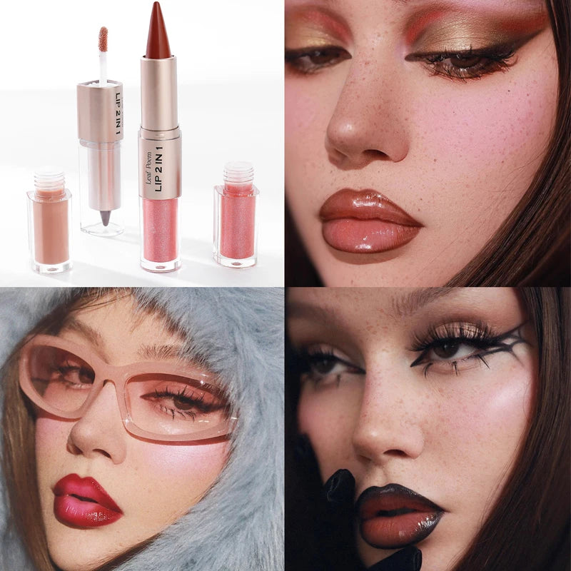 Crayon contour des lèvres noir et marron effilé, double embout miroir, effet repulpant, gloss cristal, maquillage pour des lèvres rouges sexy