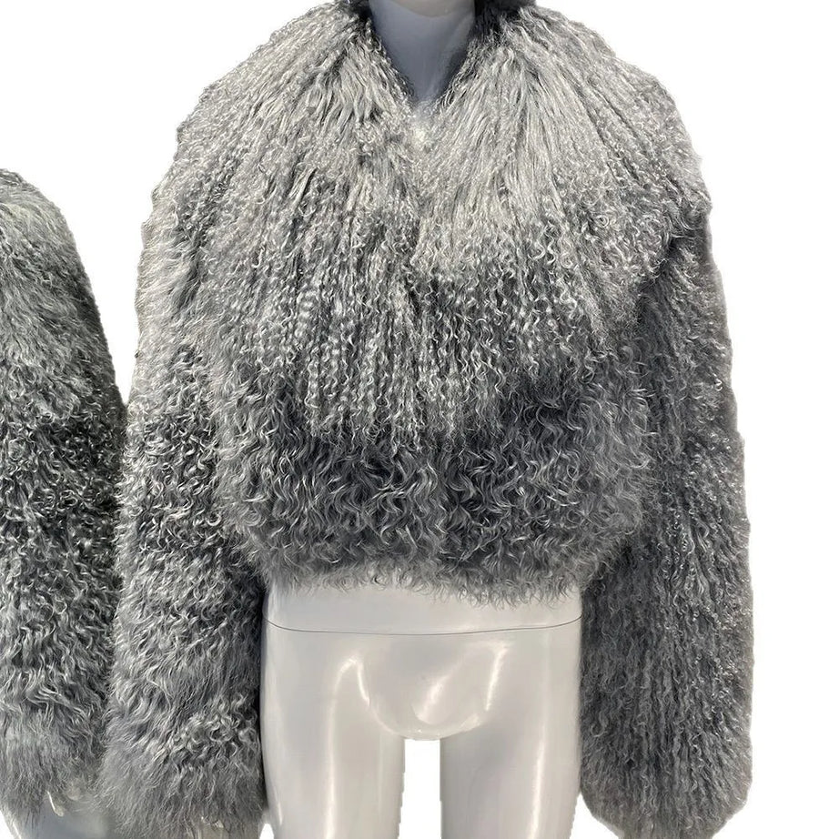 Manteau court en véritable fourrure de mouton de Mongolie, manches longues, pour femme.