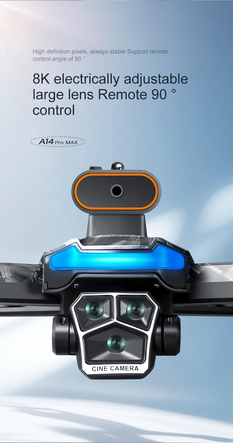 Véritable quadricoptère RC pliable A14 Pro Max GPS Brushless 8K avec trois caméras, détection d'obstacles et écran, pour une portée optimale.